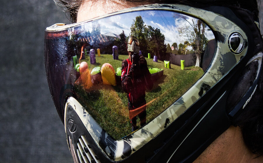close up view of paintball mask with goggle