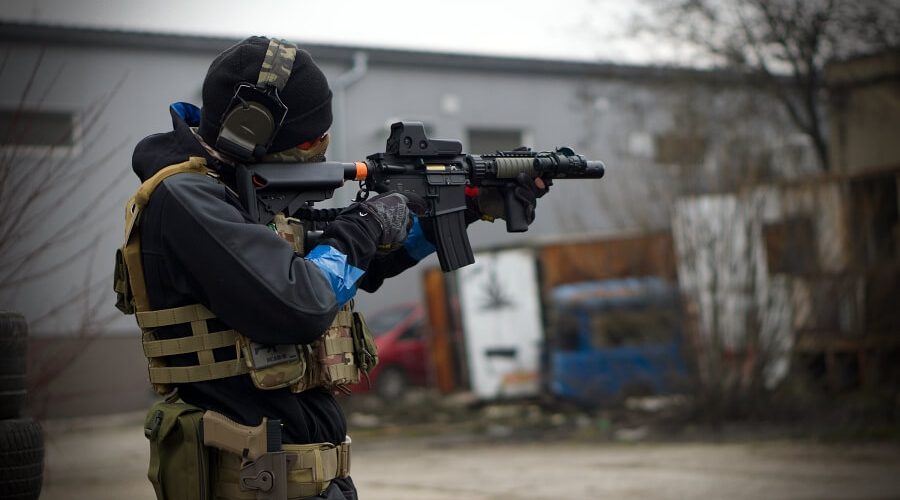 airsoft player with chest rig