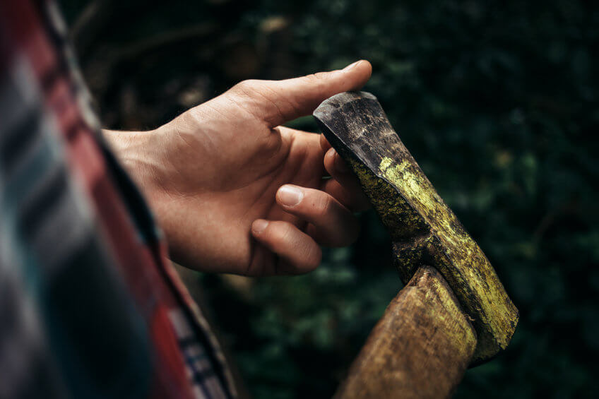 man holding a camping axe