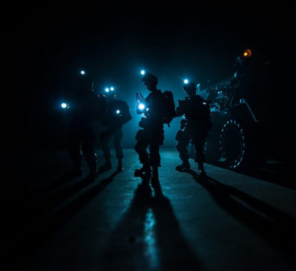 police force with flashlights in dark