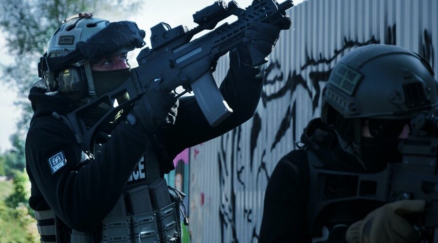 two airsoft players on lookout